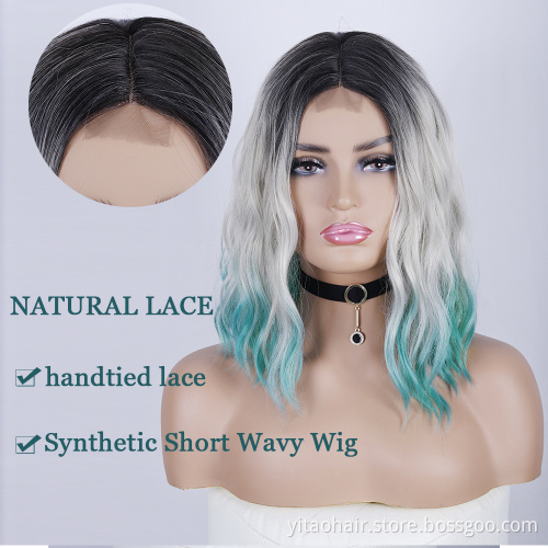 Gray Blue Wavy Wig Women's Short Bob Ombre Black Wig Curly Wavy Shoulder Length Bob Synthetic Cosplay Wigs for Girl
